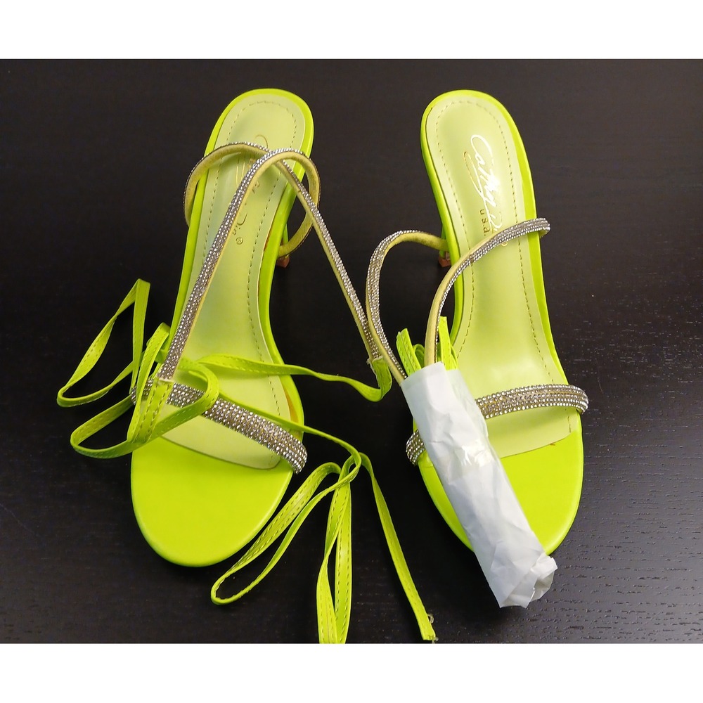 Cathy Din SABA-1 Neon Lime Green Rhinestone Lace Up Stiletto Sandals Size 8 NEW